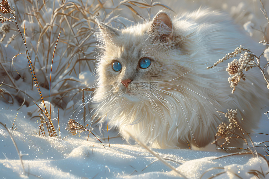 冬日雪中的白猫图片