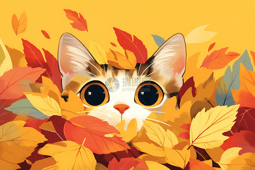 猫咪躲在秋叶后图片