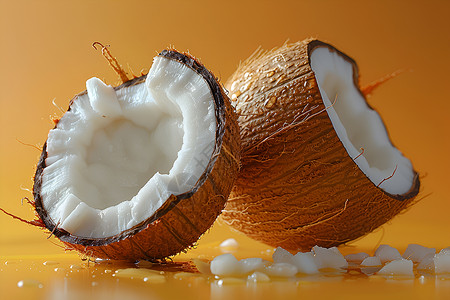 橙色背景中的半个椰子高清图片