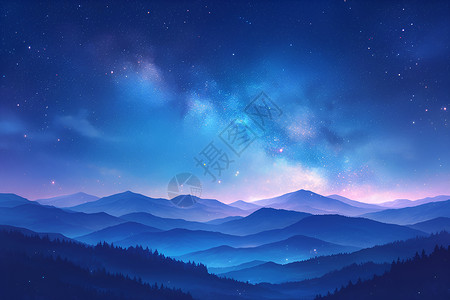 银河星星星星点缀的山峦插画