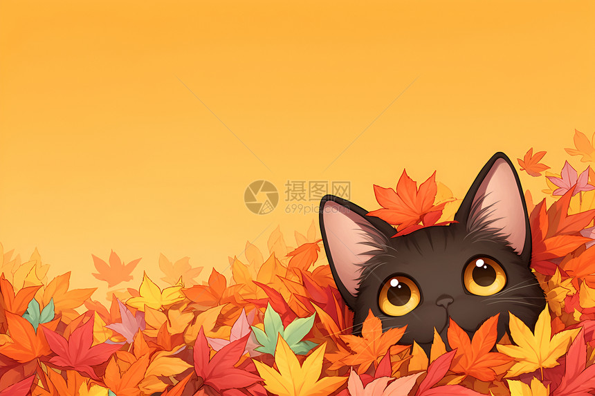 秋叶间的黑猫图片