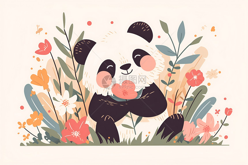可爱的熊猫和花卉图片