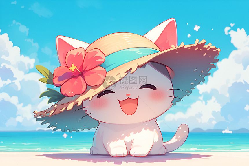 夏日海边的猫咪图片
