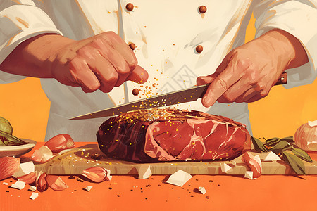 刀具砧板制作牛排的厨师插画