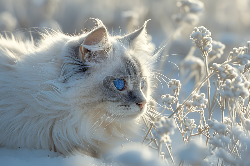 白猫在雪地上图片