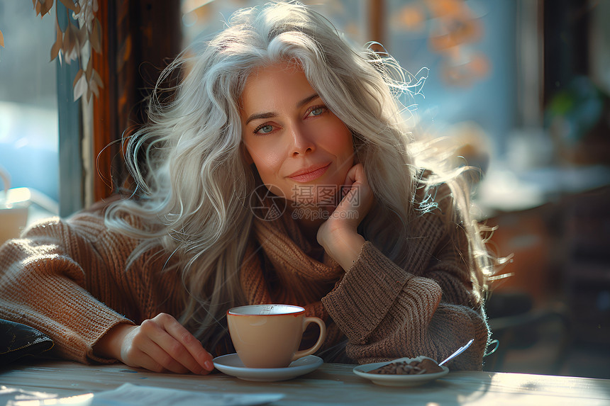 享受咖啡的银发女人图片