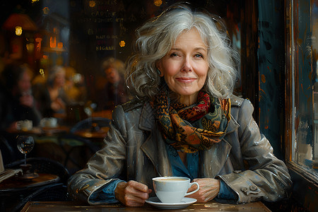 生活氛围银发女士在咖啡馆内插画
