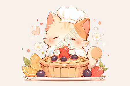莓果蛋糕欢快厨猫手持果馅派插画