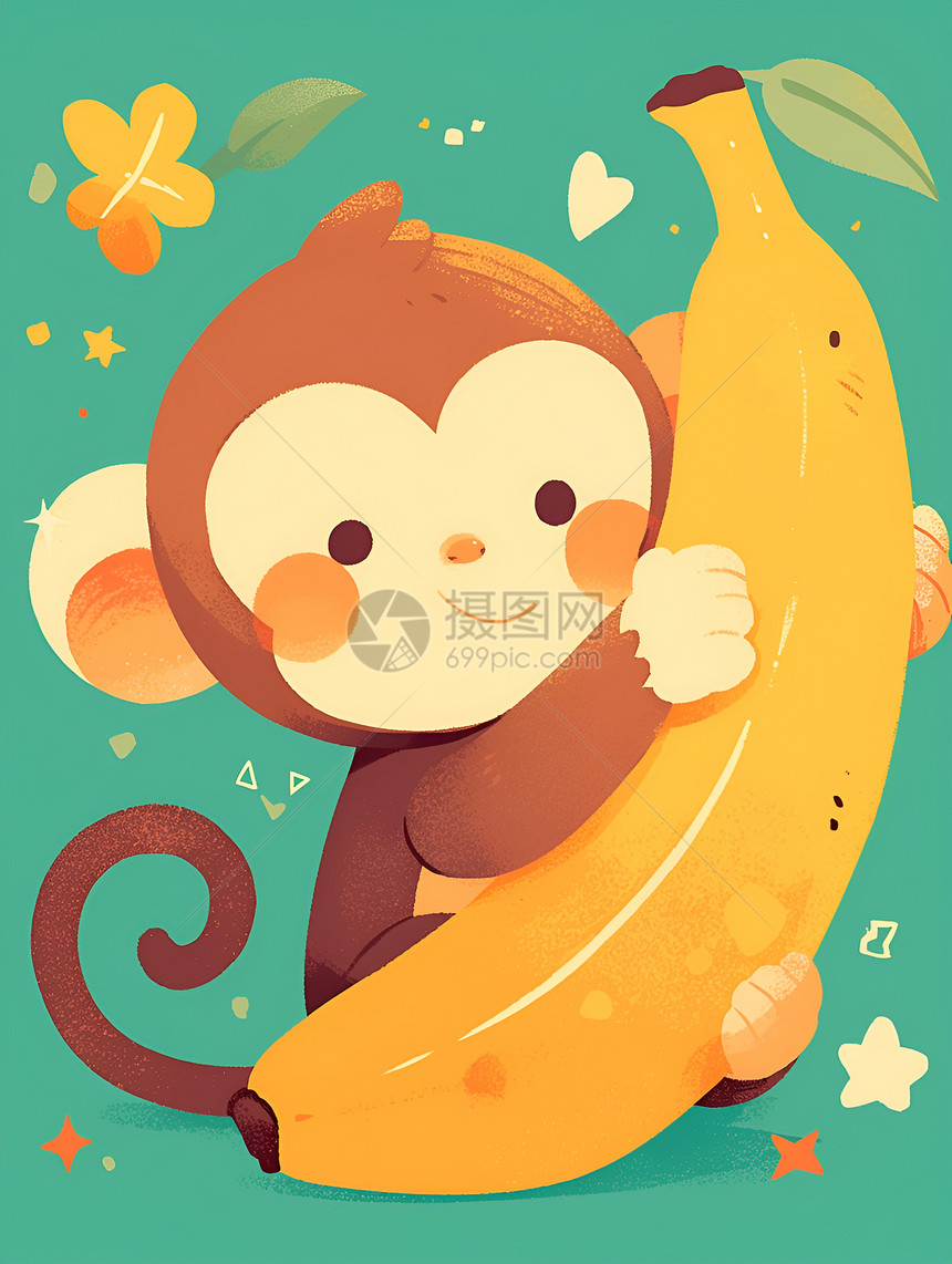 欢快的卡通猴子拿着香蕉图片