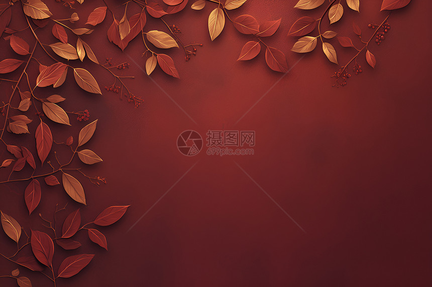 树叶的红色背景图片