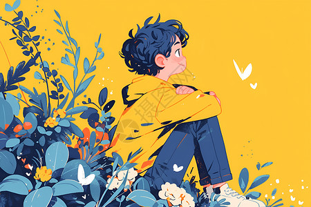 坐在花丛中的男孩背景图片