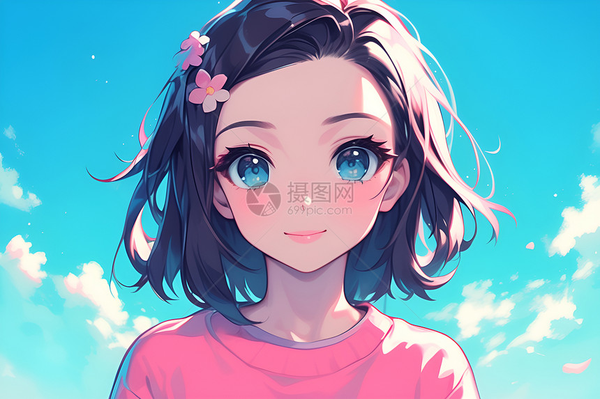 甜美黑发少女插画图片