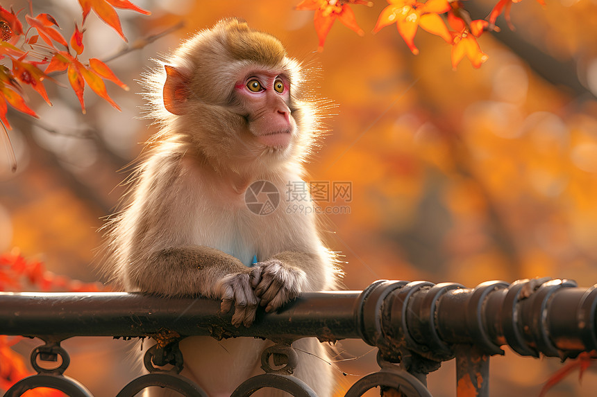 独坐金属栅栏的猴子图片