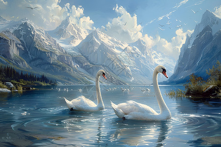 姐妹湖湖水上的白天鹅插画