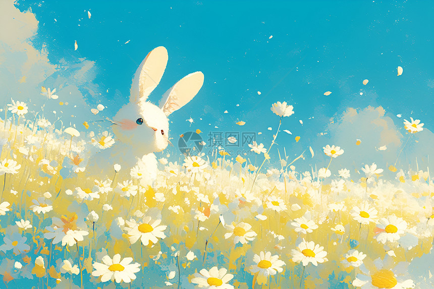 兔子在雏菊田中图片