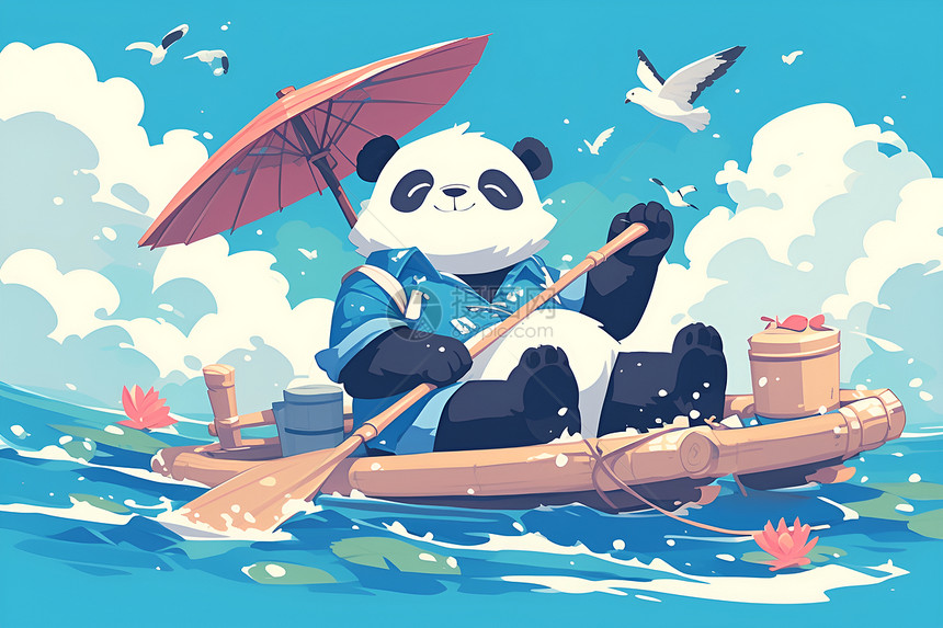 木筏上徜徉的卡通熊猫图片