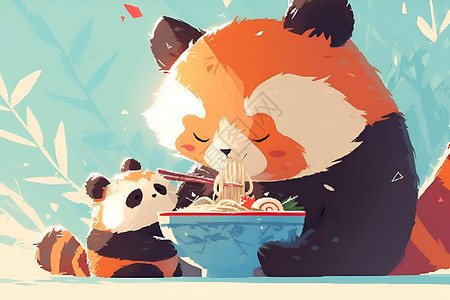 可爱熊猫母子熊猫木子分享一碗面插画