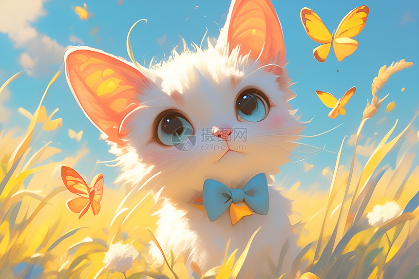 草地上带着蝴蝶结的小猫咪图片