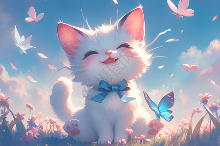嬉戏的蝴蝶草地上的蝴蝶与小猫插画