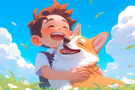 抱着桃子的男孩抱着小狗的男孩插画