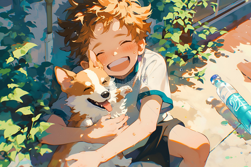 开心的男孩和小狗图片