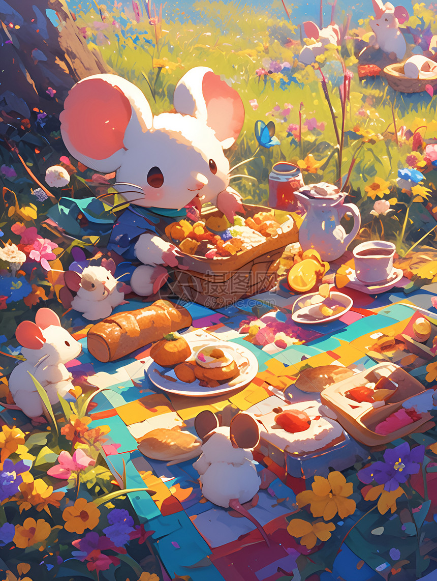 户外野餐的可爱老鼠图片
