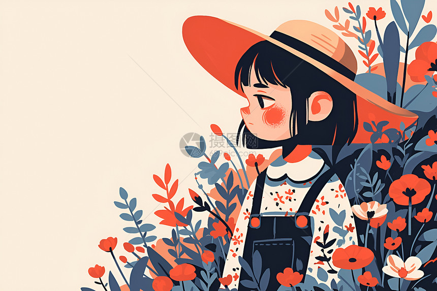 少女戴着草帽穿着工装裤站在鲜花和植物的田野中图片