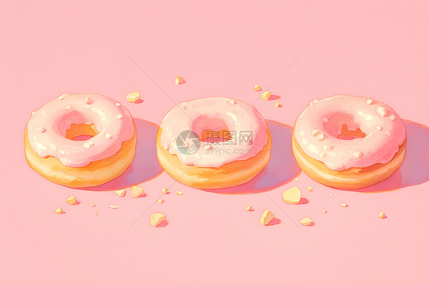 粉色背景下的三个美味粉红甜甜圈图片
