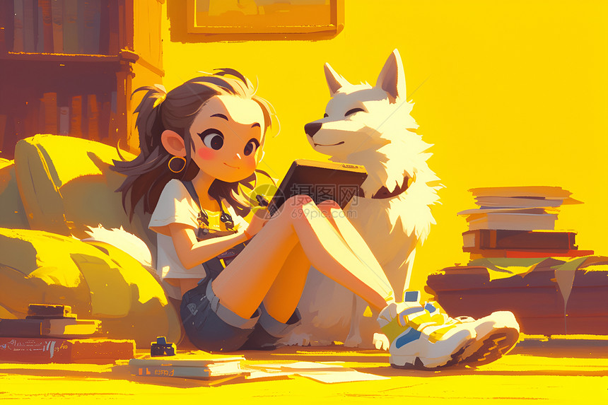 女孩和小狗坐在地上图片