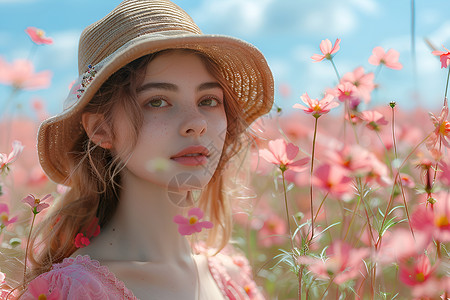 花丛中的小蜜蜂花海中戴帽子的女孩背景