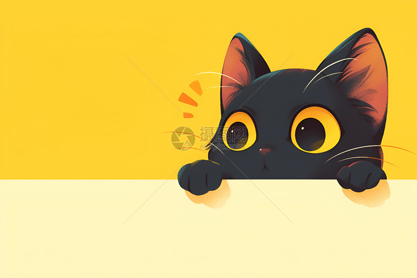 可爱的黑猫在黄色背景上图片