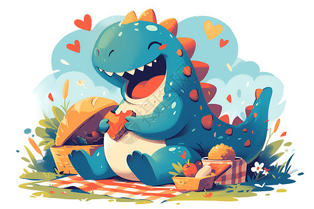 花草卡通小恐龙的野餐乐趣插画