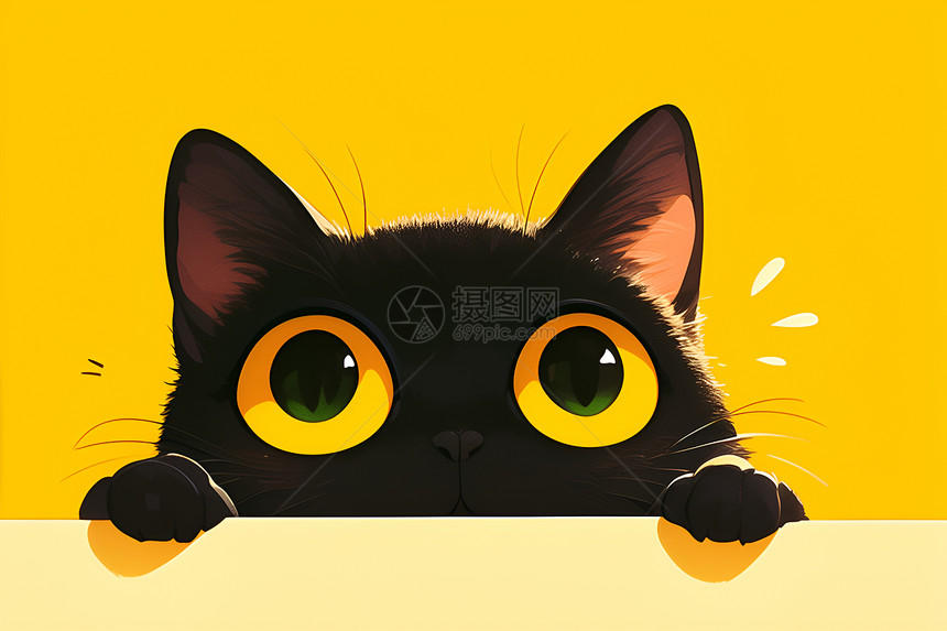 黄色背景下的卡通黑猫图片