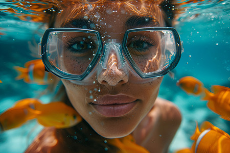 戴泳镜戴着面罩和潜水镜的女子头上有鱼群背景