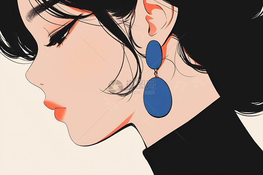 黑发蓝耳环的优雅女性图片