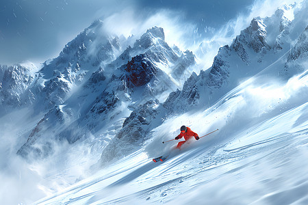 雪天骑行高山上的滑雪者背景