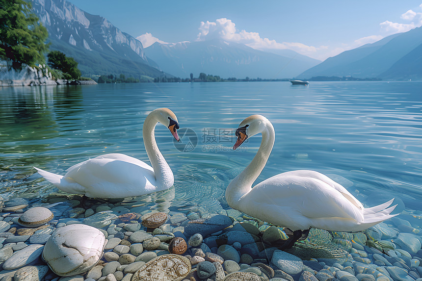 平静湖水上两只天鹅图片