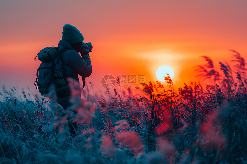 摄影师在草地上拍摄夕阳图片