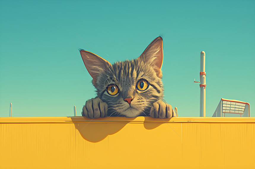 猫咪趴在黄色墙上图片