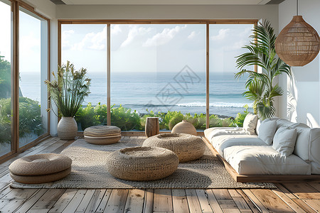 海景温馨客厅里的沙发高清图片