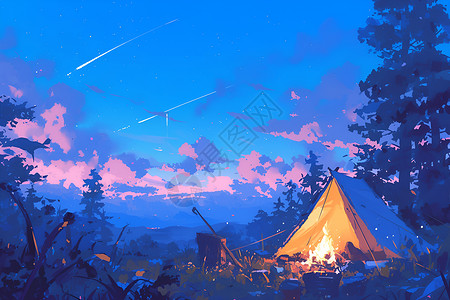 森林帐篷野营之夜插画