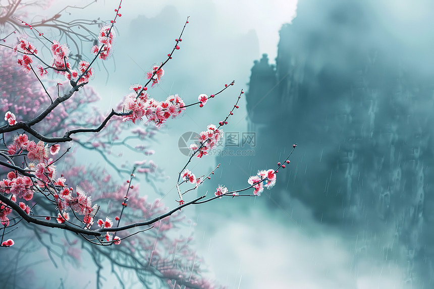 云雾缭绕的花树图片