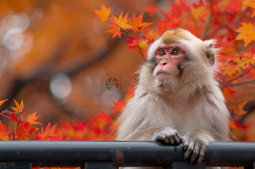 坐在金属栏杆上的猕猴图片