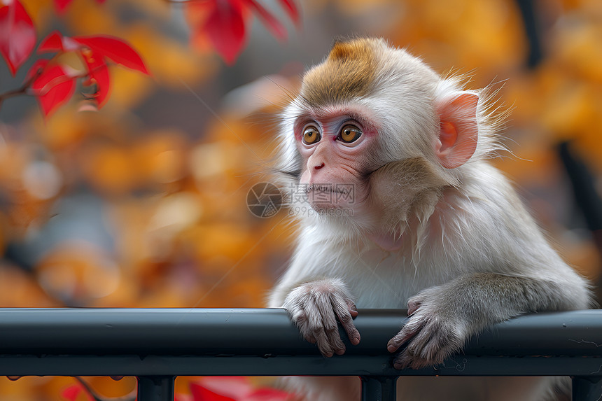 金属栏杆上的一只猕猴图片
