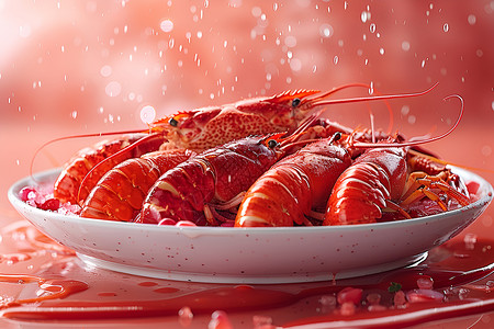 盘子龙虾美食鲜红的龙虾盛宴背景