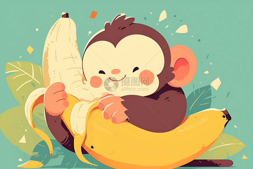 快乐的猴子抱着香蕉图片