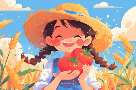 草帽小女孩快乐的小女孩戴着草帽捧着番茄插画