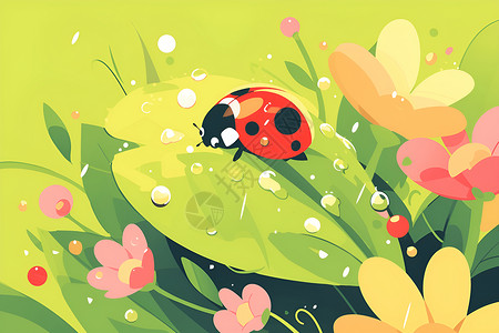 夏季七星瓢虫七点小瓢虫坐在绿叶上插画