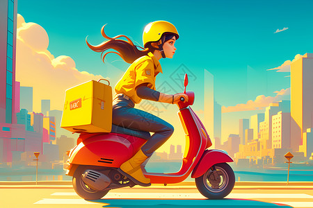 骑摩托快递员骑着红色电动车送餐的女孩插画