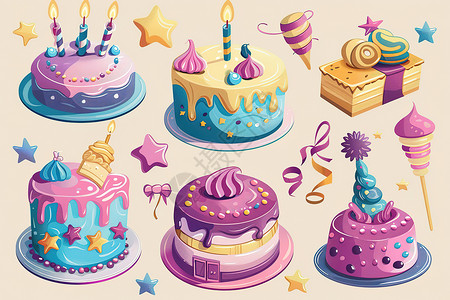 装饰物素材五彩斑斓的生日蛋糕插画